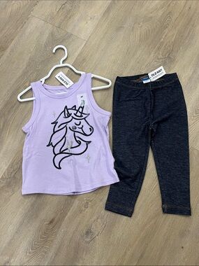 Old Navy Lilac Tank with Black Unicorn Graphic and Dark Heather Leggings